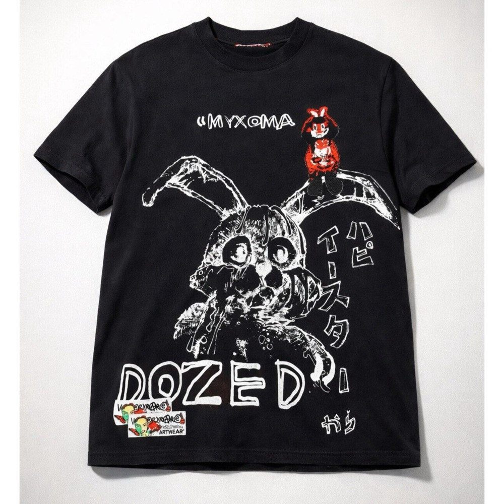 Men's Black Myxoma Dozed Streetwear Artwear Crewneck T-Shirt By Very Rare Large